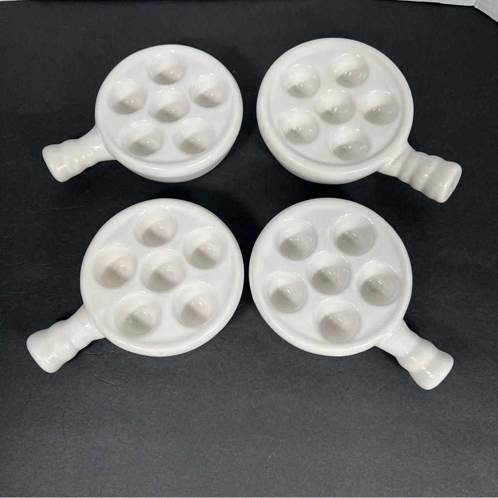 Vtg Set Of 4 White Ceramic Escargot Snail Dishes Taiwan 6-Well Oven Safe Handles